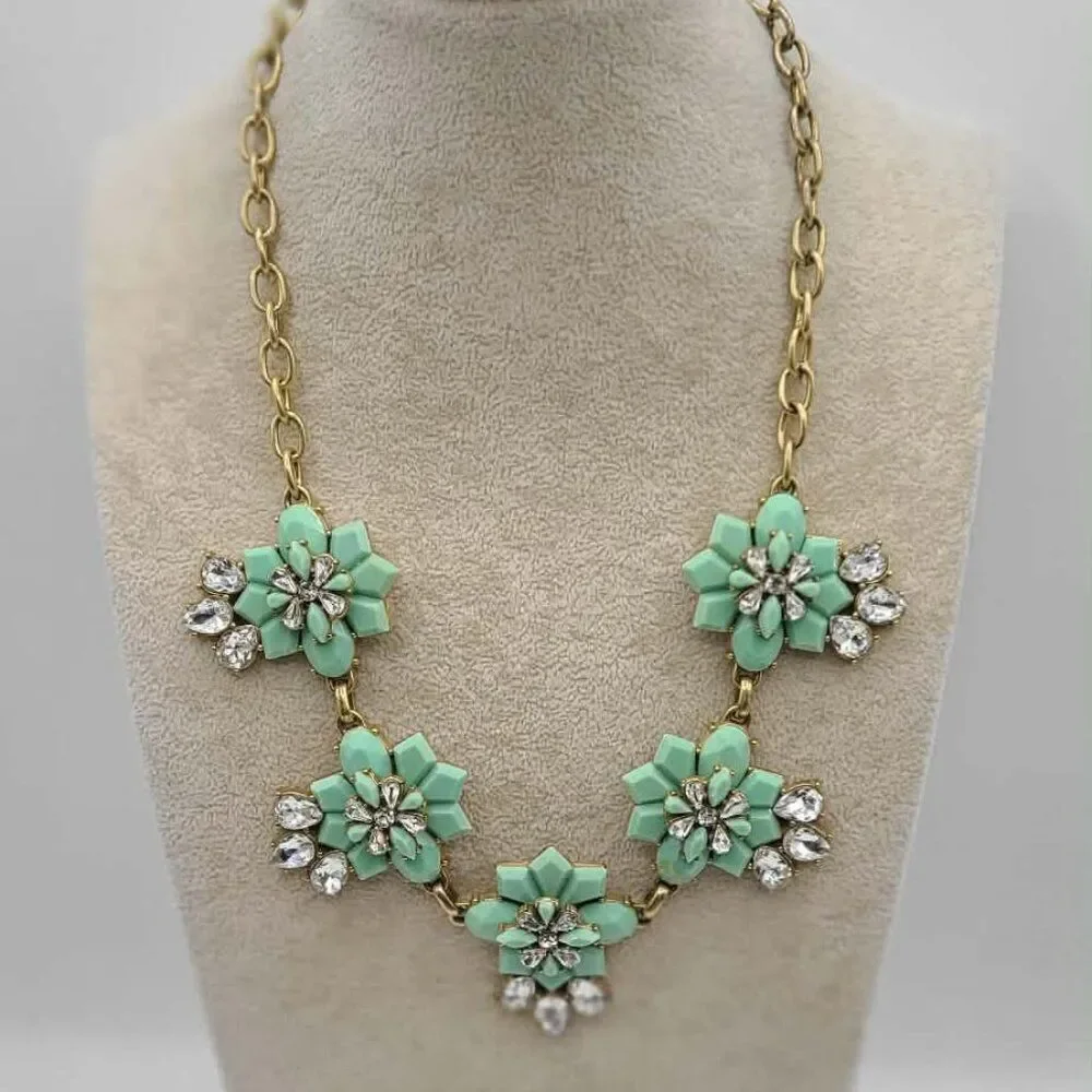 J Crew Mint Green Resin and Clear Crystal Necklace